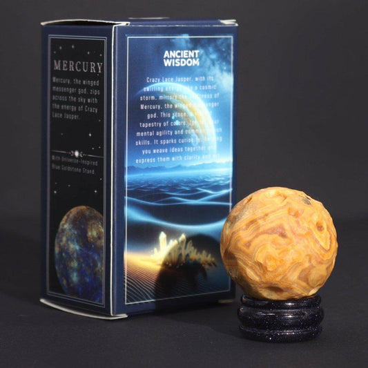 CRAZY - LACE - JASPIS PLANET AUF BLAUEM GOLDSTEIN STÄNDER - MERKUR - Lapis Mystica - 