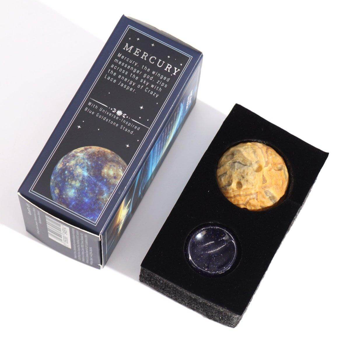 CRAZY - LACE - JASPIS PLANET AUF BLAUEM GOLDSTEIN STÄNDER - MERKUR - Lapis Mystica - 