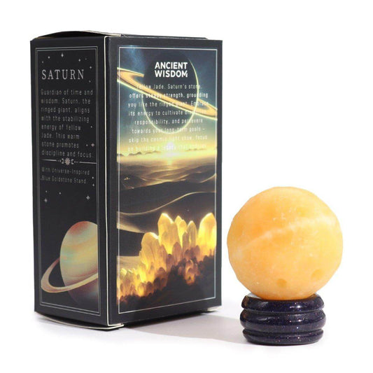 GELBER - JADE PLANET AUF BLAUEM GOLDSTEIN - STÄNDER - SATURN - Lapis Mystica - 