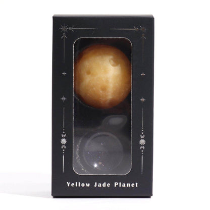 GELBER - JADE PLANET AUF BLAUEM GOLDSTEIN - STÄNDER - SATURN - Lapis Mystica - 
