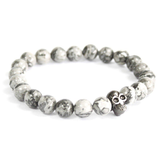 GRAUER ACHAT EDELSTEINARMBAND - ZINNSCHÄDEL - Lapis Mystica - 