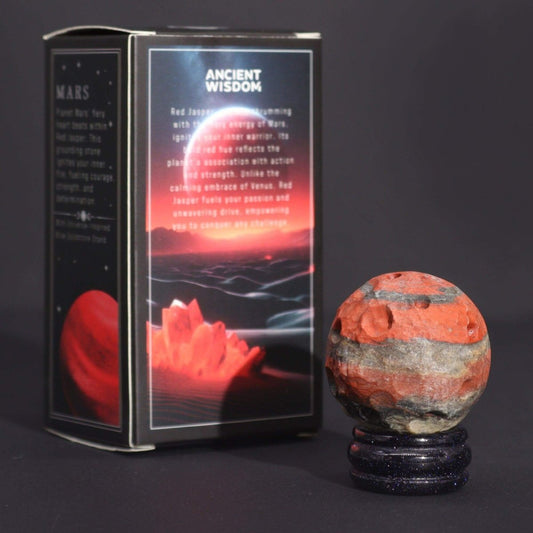 ROTER - JASPIS PLANET AUF BLAUEM GOLDSTEIN - STÄNDER - MARS - Lapis Mystica - 